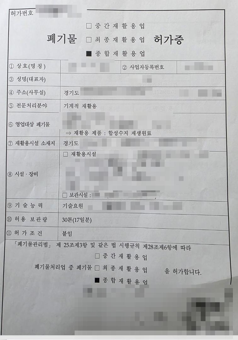 真实的废弃物综合回收业许可证（폐기물종합재활용업 허가증）——公司名称、许可编号及地址已由发证机关打码