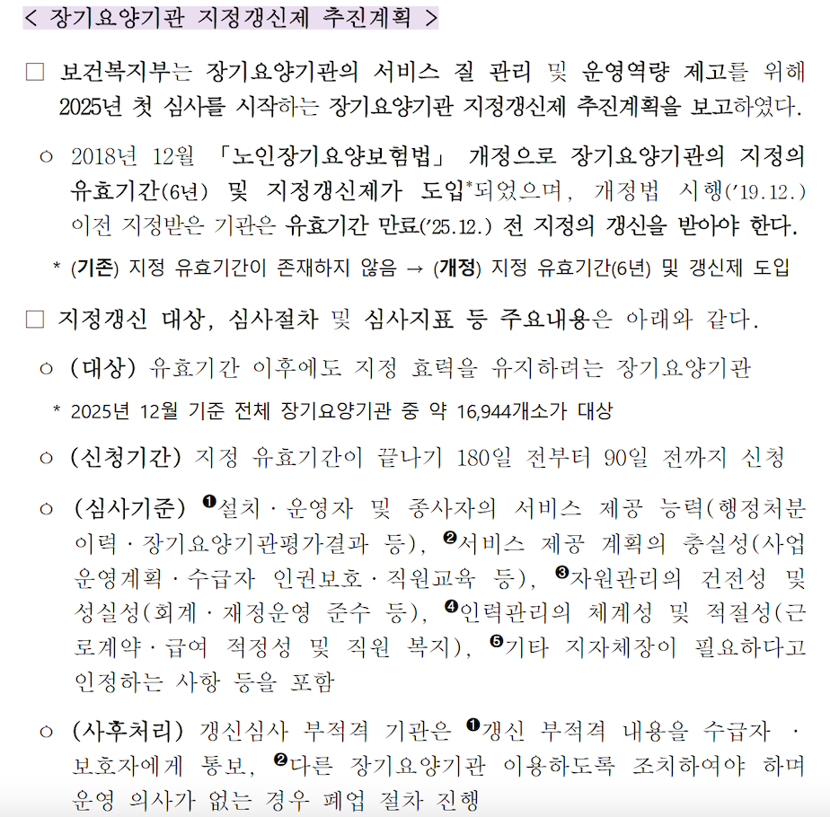 장기요양기관 지정갱신제 추진계획 — 대상 16,944개소, 신청기간 180~90일 전, 5대 심사기준